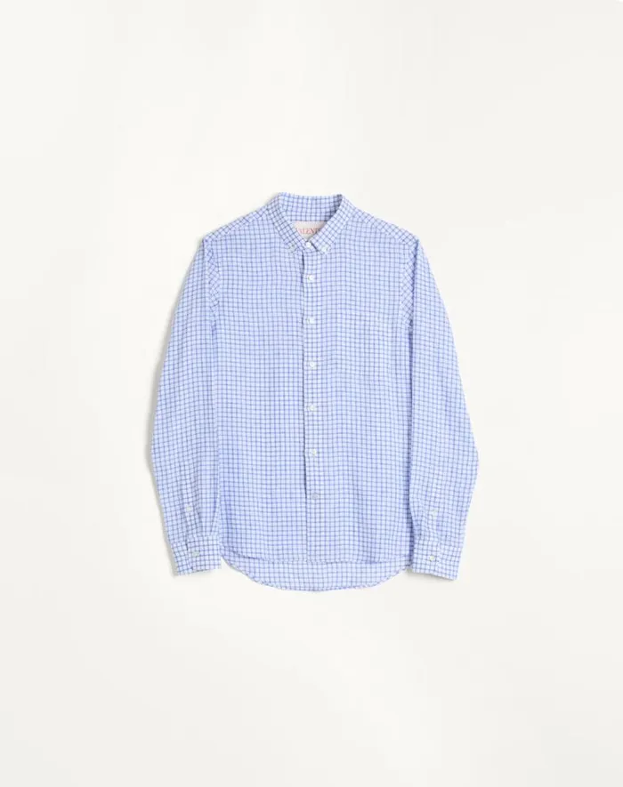 Valentino Shirts Man Linen Shirt With Vlogo Embroidery For Man In Whitelight Blue Whitelight Blue Valentino Shirts Man Linen Shirt With Vlogo Embroidery For Man In Whitelight Blue Whitelight Blue