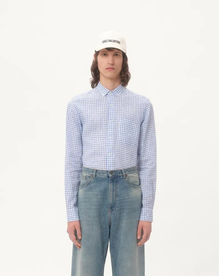 Valentino Shirts Man Linen Shirt With Vlogo Embroidery For Man In Whitelight Blue Whitelight Blue Valentino Shirts Man Linen Shirt With Vlogo Embroidery For Man In Whitelight Blue Whitelight Blue