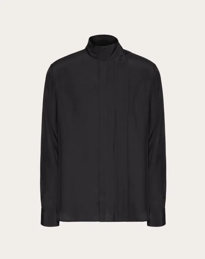 Valentino Shirts Man Silk Shirt With Scarf Detail At Neck For Man In Black Black Valentino Shirts Man Silk Shirt With Scarf Detail At Neck For Man In Black Black