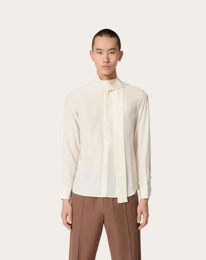 Valentino Shirts Man Silk Shirt With Scarf Detail At Neck For Man In Black Black