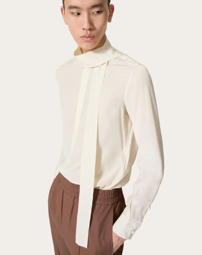 Valentino Shirts Man Silk Shirt With Scarf Detail At Neck For Man In Black Black