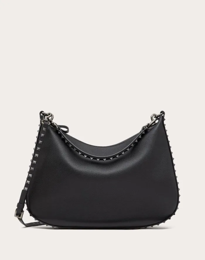 Valentino Shoulder Bags Woman Rockstud Hobo Bag In Grainy Calfskin For Woman In Black Black Valentino Shoulder Bags Woman Rockstud Hobo Bag In Grainy Calfskin For Woman In Black Black
