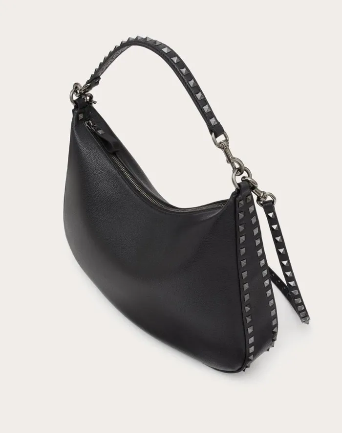 Valentino Shoulder Bags Woman Rockstud Hobo Bag In Grainy Calfskin For Woman In Black Black Valentino Shoulder Bags Woman Rockstud Hobo Bag In Grainy Calfskin For Woman In Black Black
