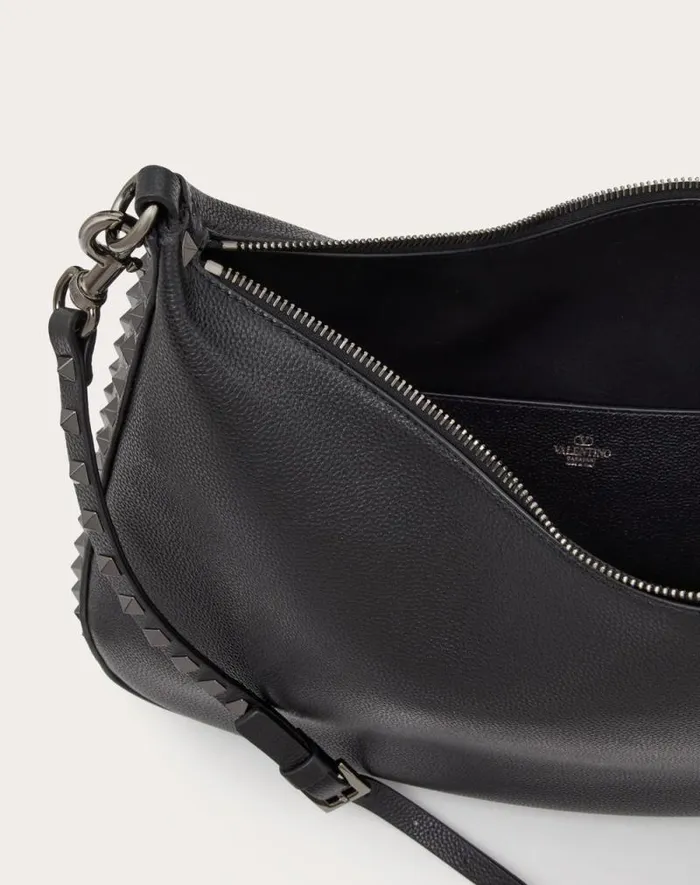 Valentino Shoulder Bags Woman Rockstud Hobo Bag In Grainy Calfskin For Woman In Black Black Valentino Shoulder Bags Woman Rockstud Hobo Bag In Grainy Calfskin For Woman In Black Black
