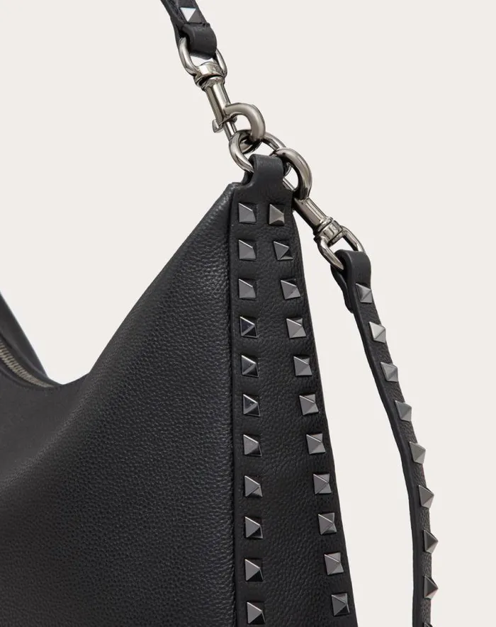 Valentino Shoulder Bags Woman Rockstud Hobo Bag In Grainy Calfskin For Woman In Black Black Valentino Shoulder Bags Woman Rockstud Hobo Bag In Grainy Calfskin For Woman In Black Black