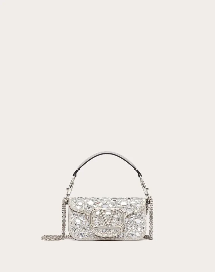 Valentino Shoulder Bags Woman Small Valentino Garavani Loc Shoulder Bag With Crystals For Woman In Silver Silver Valentino Shoulder Bags Woman Small Valentino Garavani Loc Shoulder Bag With Crystals For Woman In Silver Silver