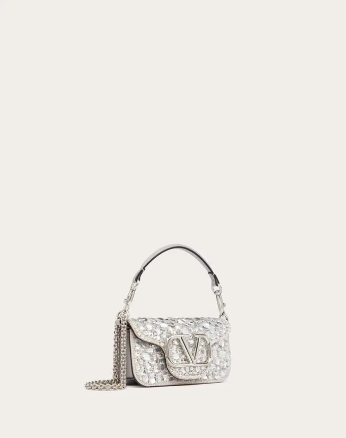 Valentino Shoulder Bags Woman Small Valentino Garavani Loc Shoulder Bag With Crystals For Woman In Silver Silver Valentino Shoulder Bags Woman Small Valentino Garavani Loc Shoulder Bag With Crystals For Woman In Silver Silver