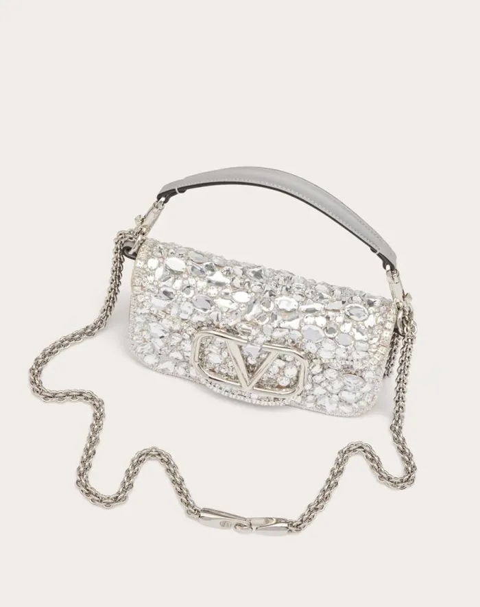 Valentino Shoulder Bags Woman Small Valentino Garavani Loc Shoulder Bag With Crystals For Woman In Silver Silver Valentino Shoulder Bags Woman Small Valentino Garavani Loc Shoulder Bag With Crystals For Woman In Silver Silver