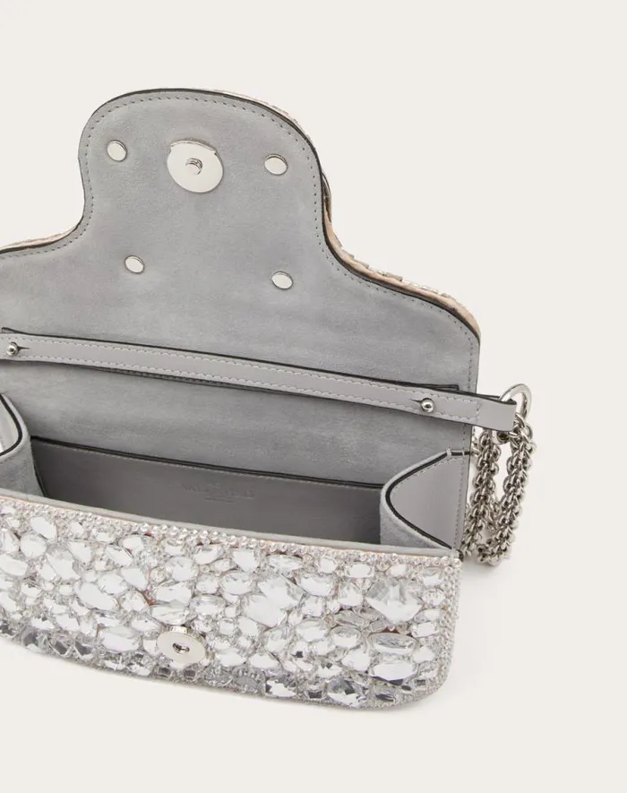 Valentino Shoulder Bags Woman Small Valentino Garavani Loc Shoulder Bag With Crystals For Woman In Silver Silver Valentino Shoulder Bags Woman Small Valentino Garavani Loc Shoulder Bag With Crystals For Woman In Silver Silver
