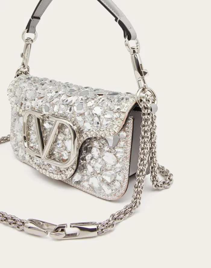 Valentino Shoulder Bags Woman Small Valentino Garavani Loc Shoulder Bag With Crystals For Woman In Silver Silver Valentino Shoulder Bags Woman Small Valentino Garavani Loc Shoulder Bag With Crystals For Woman In Silver Silver