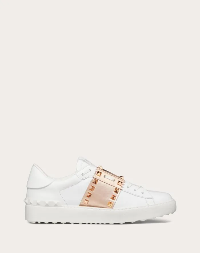 Valentino Sneakers Woman Rockstud Untitled Sneaker In Calfskin Leather With Metallic Stripe For Woman In Whitecopper Whitecopper Valentino Sneakers Woman Rockstud Untitled Sneaker In Calfskin Leather With Metallic Stripe For Woman In Whitecopper Whitecopper
