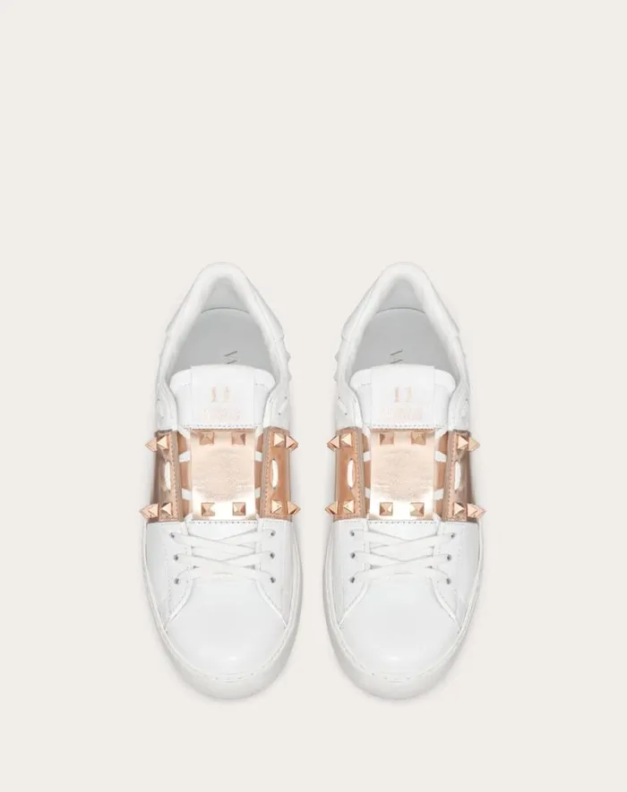 Valentino Sneakers Woman Rockstud Untitled Sneaker In Calfskin Leather With Metallic Stripe For Woman In Whitecopper Whitecopper Valentino Sneakers Woman Rockstud Untitled Sneaker In Calfskin Leather With Metallic Stripe For Woman In Whitecopper Whitecopper