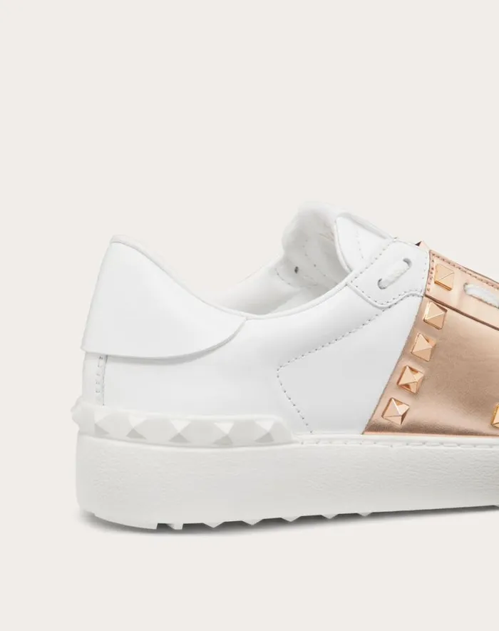 Valentino Sneakers Woman Rockstud Untitled Sneaker In Calfskin Leather With Metallic Stripe For Woman In Whitecopper Whitecopper Valentino Sneakers Woman Rockstud Untitled Sneaker In Calfskin Leather With Metallic Stripe For Woman In Whitecopper Whitecopper