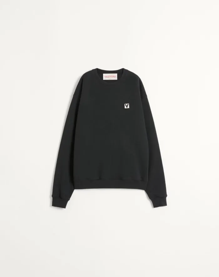 Valentino Tshirts And Sweatshirts Man Cotton Crewneck Sweatshirt With Chez Valentino Patch For Man In Black Black Valentino Tshirts And Sweatshirts Man Cotton Crewneck Sweatshirt With Chez Valentino Patch For Man In Black Black