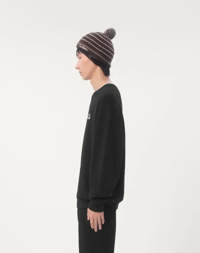 Valentino Tshirts And Sweatshirts Man Cotton Crewneck Sweatshirt With Chez Valentino Patch For Man In Black Black Valentino Tshirts And Sweatshirts Man Cotton Crewneck Sweatshirt With Chez Valentino Patch For Man In Black Black