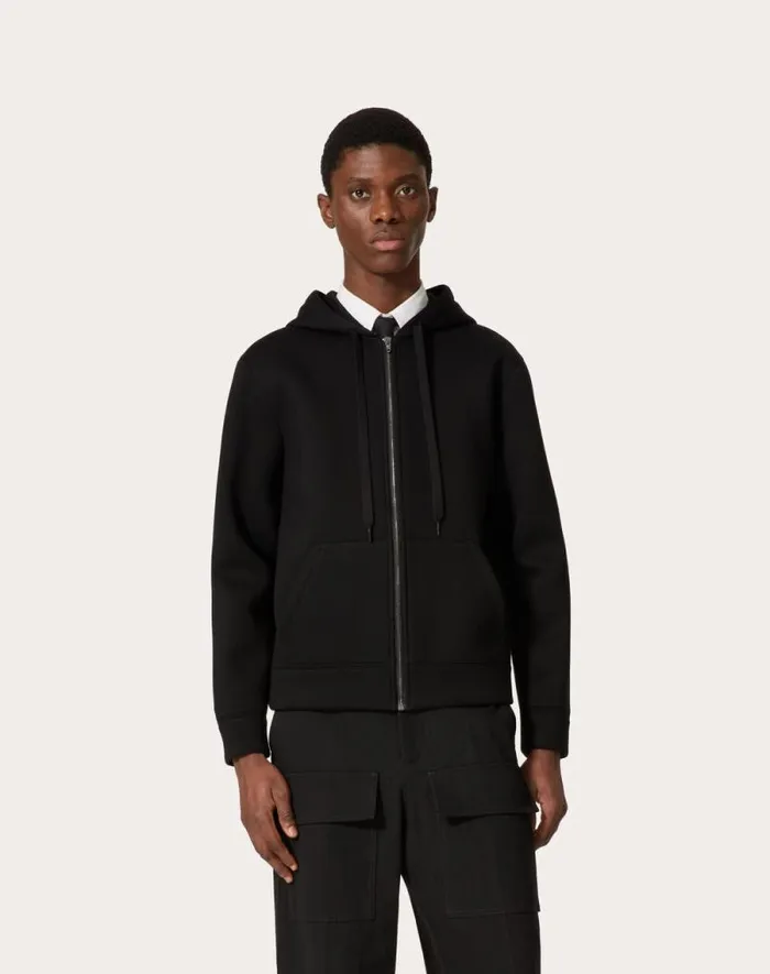 Valentino Tshirts And Sweatshirts Man Neoprene Sweatshirt With Hood And Zipper For Man In Black Black Valentino Tshirts And Sweatshirts Man Neoprene Sweatshirt With Hood And Zipper For Man In Black Black