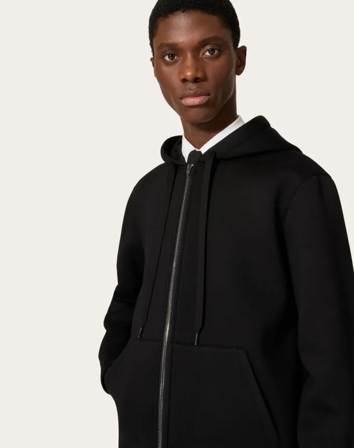 Valentino Tshirts And Sweatshirts Man Neoprene Sweatshirt With Hood And Zipper For Man In Black Black Valentino Tshirts And Sweatshirts Man Neoprene Sweatshirt With Hood And Zipper For Man In Black Black