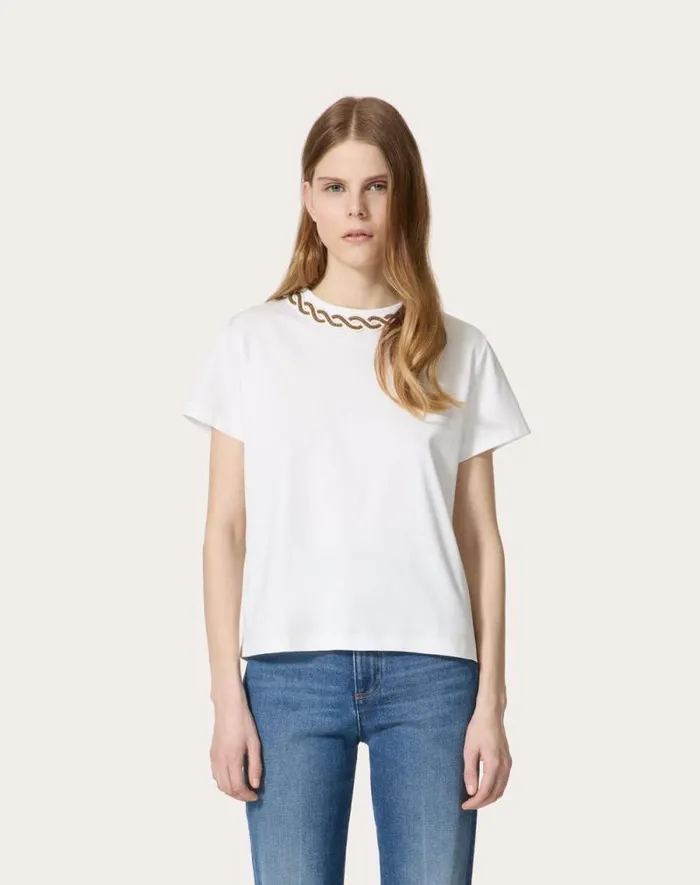 Valentino Tshirts And Sweatshirts Woman Embroidered Cotton Jersey Tshirt For Woman In White White Valentino Tshirts And Sweatshirts Woman Embroidered Cotton Jersey Tshirt For Woman In White White