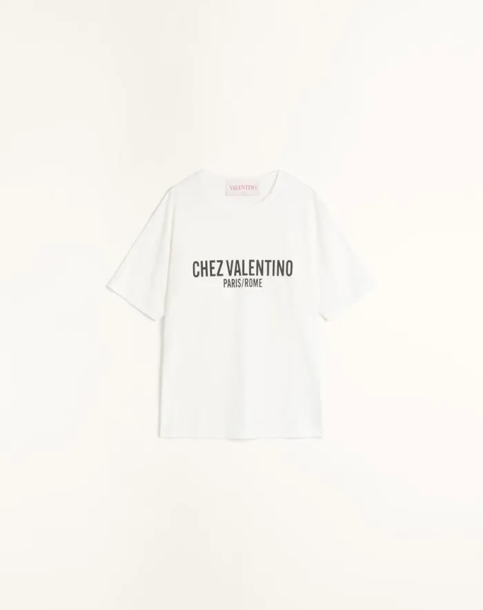 Valentino Tshirts And Sweatshirts Woman Jersey Cotton Tshirt With Chez Valentino Print For Woman In Ivory Ivory