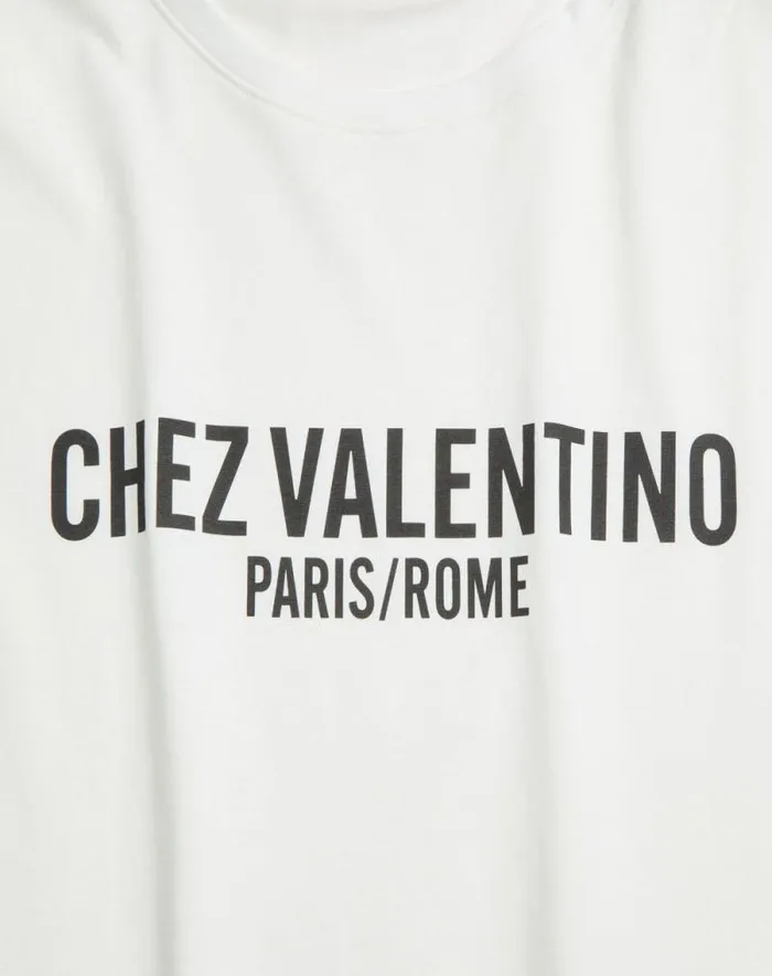 Valentino Tshirts And Sweatshirts Woman Jersey Cotton Tshirt With Chez Valentino Print For Woman In Ivory Ivory Valentino Tshirts And Sweatshirts Woman Jersey Cotton Tshirt With Chez Valentino Print For Woman In Ivory Ivory
