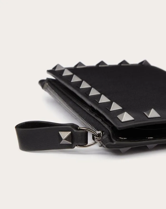 Valentino Wallets And Small Leather Goods Woman Rockstud Calfskin Cardholder With Zip For Woman In Black Black