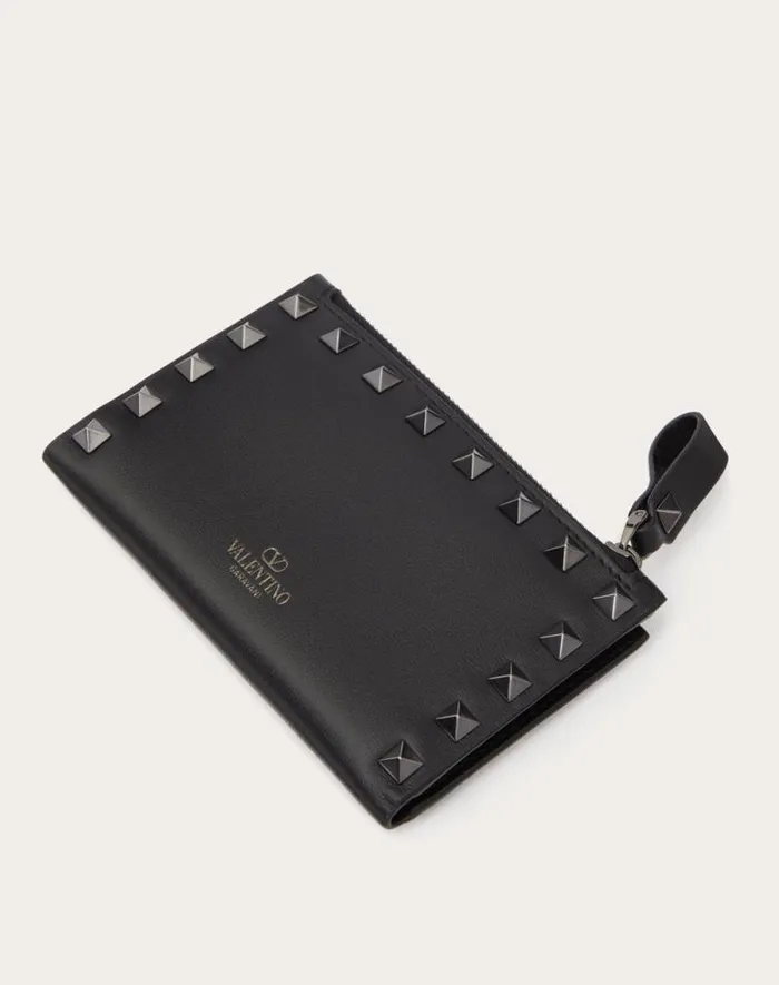 Valentino Wallets And Small Leather Goods Woman Rockstud Calfskin Cardholder With Zip For Woman In Black Black