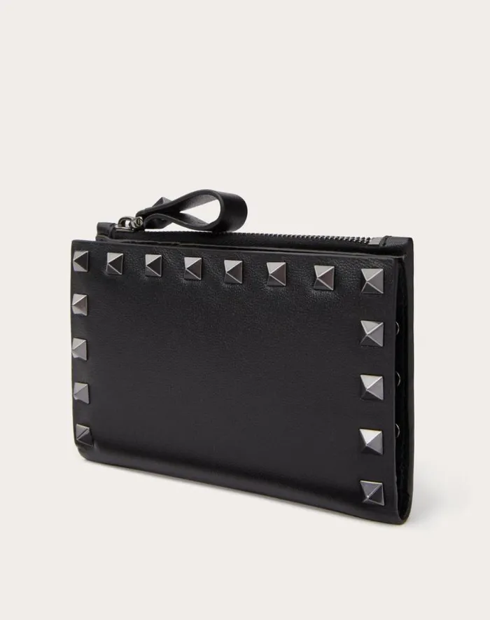 Valentino Wallets And Small Leather Goods Woman Rockstud Calfskin Cardholder With Zip For Woman In Black Black
