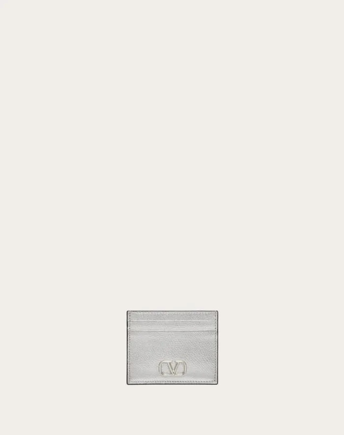 Valentino Wallets And Small Leather Goods Woman Vlogo Signature Metallic Grainy Calfskin Cardholder For Woman In Silver Silver Valentino Wallets And Small Leather Goods Woman Vlogo Signature Metallic Grainy Calfskin Cardholder For Woman In Silver Silver