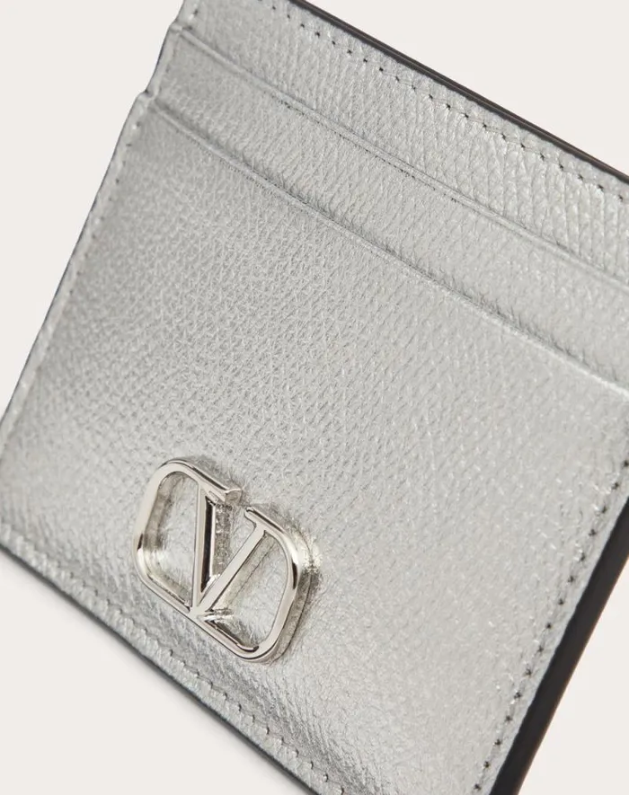 Valentino Wallets And Small Leather Goods Woman Vlogo Signature Metallic Grainy Calfskin Cardholder For Woman In Silver Silver Valentino Wallets And Small Leather Goods Woman Vlogo Signature Metallic Grainy Calfskin Cardholder For Woman In Silver Silver