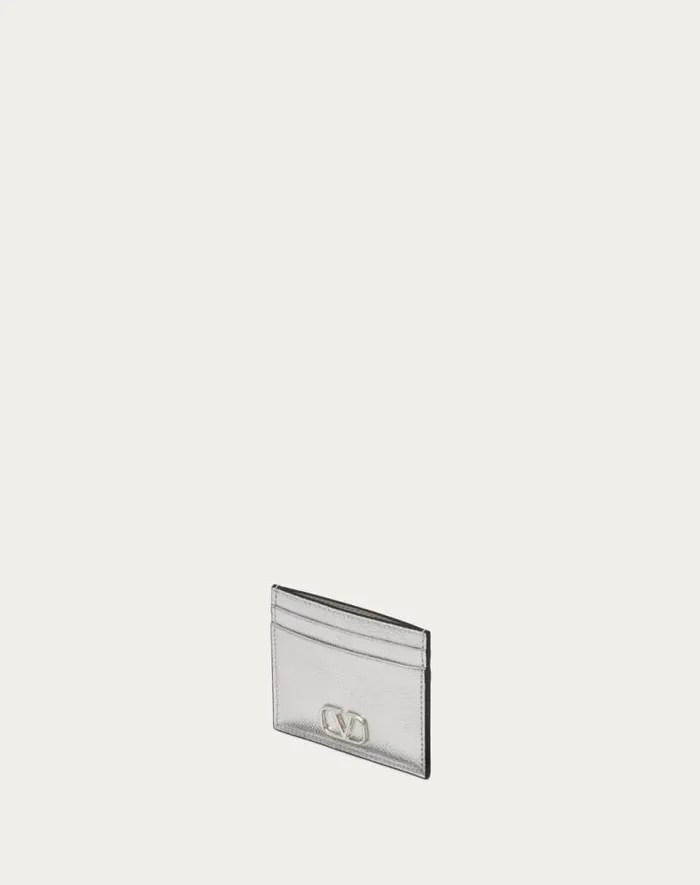 Valentino Wallets And Small Leather Goods Woman Vlogo Signature Metallic Grainy Calfskin Cardholder For Woman In Silver Silver Valentino Wallets And Small Leather Goods Woman Vlogo Signature Metallic Grainy Calfskin Cardholder For Woman In Silver Silver