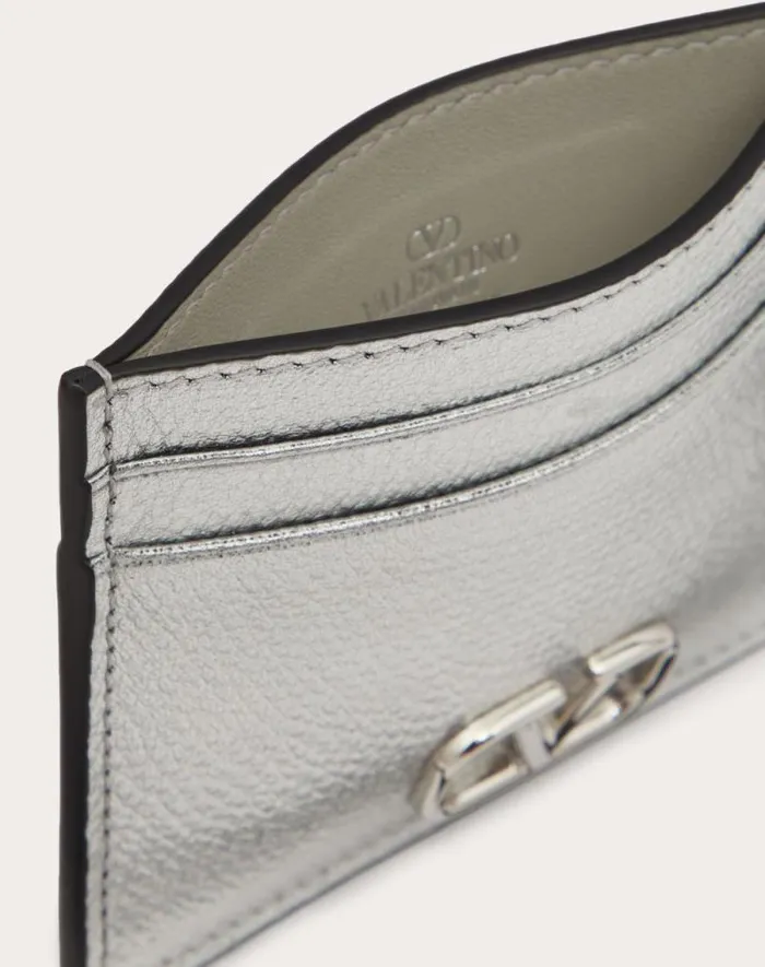 Valentino Wallets And Small Leather Goods Woman Vlogo Signature Metallic Grainy Calfskin Cardholder For Woman In Silver Silver Valentino Wallets And Small Leather Goods Woman Vlogo Signature Metallic Grainy Calfskin Cardholder For Woman In Silver Silver