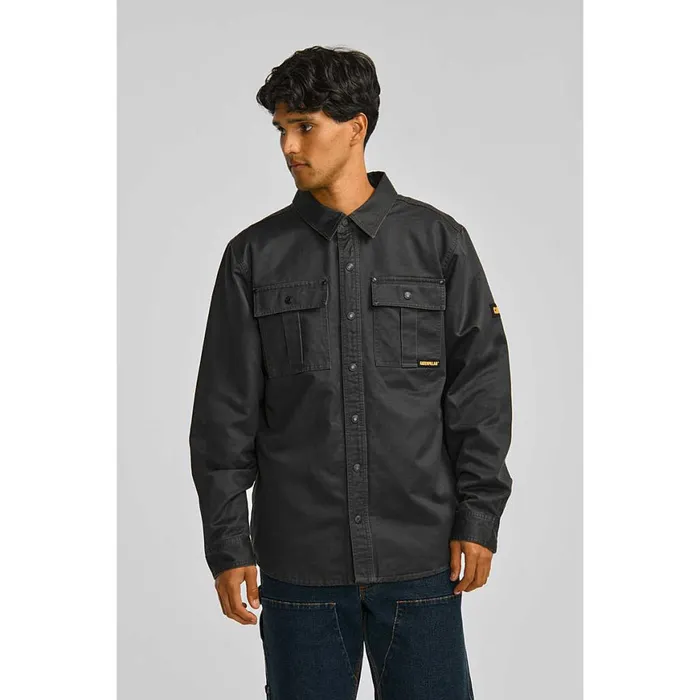 Waxed Cotton Shirt Jacket Black Men Cat Footwear Tops and Outerwear