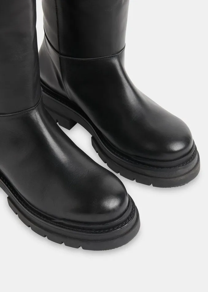 Whistles Leather Black Maceo Lug Sole Knee High Boot 8211 Women