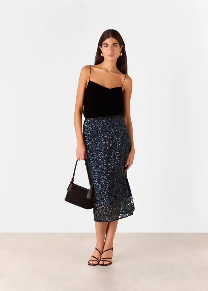 Whistles Skirts Black Floral Sequin Midi Skirt 8211 Women