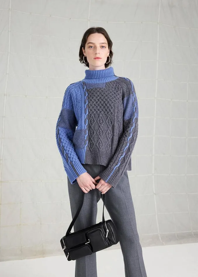 Whistles Sweaters and Cashmere Blue Patchwork Cable Knit Sweater 8211 Women