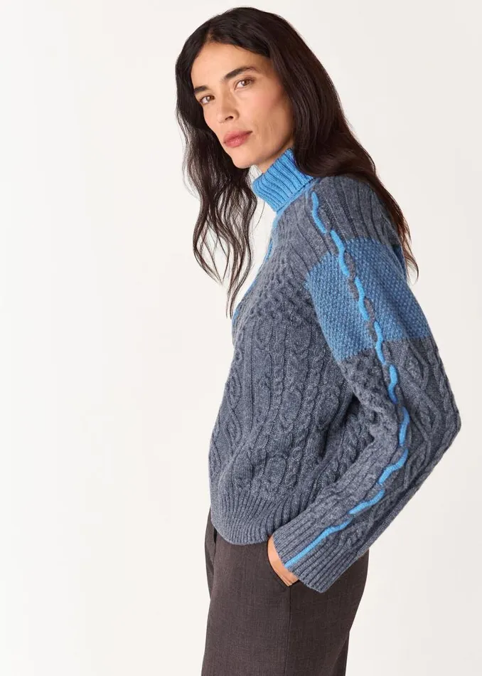 Whistles Sweaters and Cashmere Blue Patchwork Cable Knit Sweater 8211 Women
