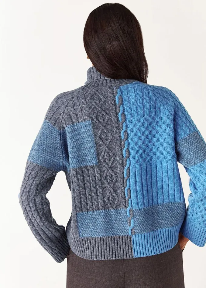 Whistles Sweaters and Cashmere Blue Patchwork Cable Knit Sweater 8211 Women