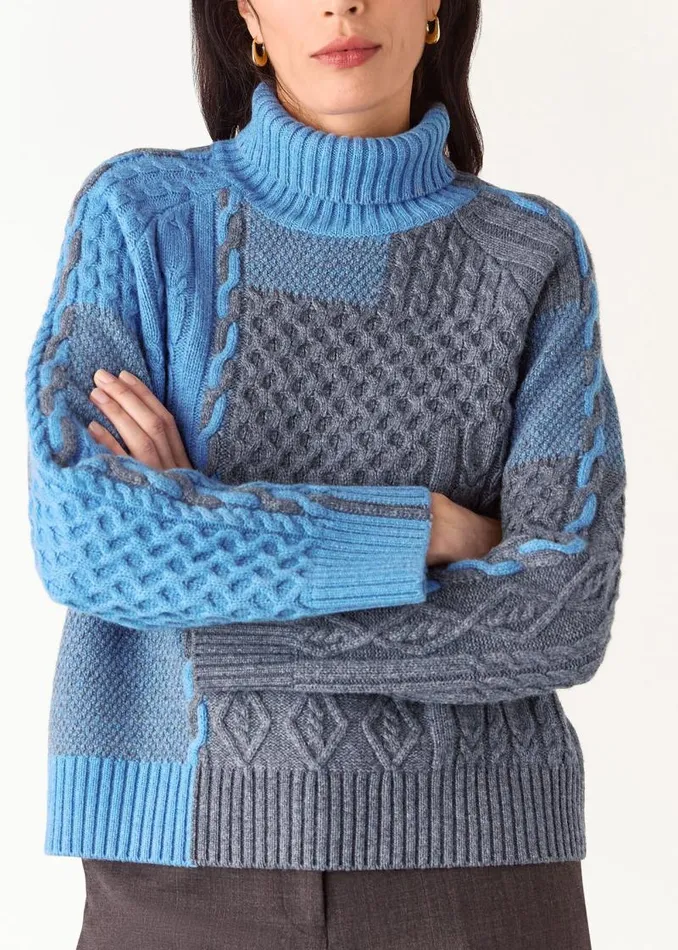 Whistles Sweaters and Cashmere Blue Patchwork Cable Knit Sweater 8211 Women