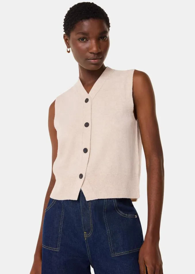 Whistles Sweaters and Cashmere Oatmeal Wool V Neck Button Front Tank 8211 Women