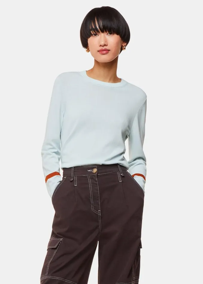 Whistles Sweaters and Cashmere Pale Blue Stripe Sleeve Detail Crew 8211 Women Whistles Sweaters and Cashmere Pale Blue Stripe Sleeve Detail Crew 8211 Women