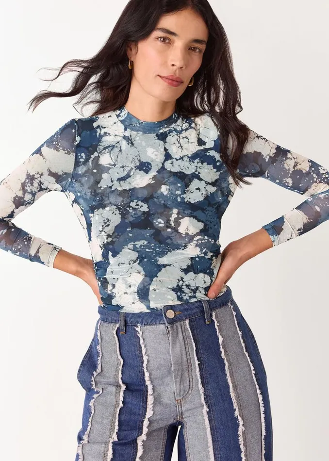 Whistles Tops Blue Batik Marble Gathered Mesh Top 8211 Women