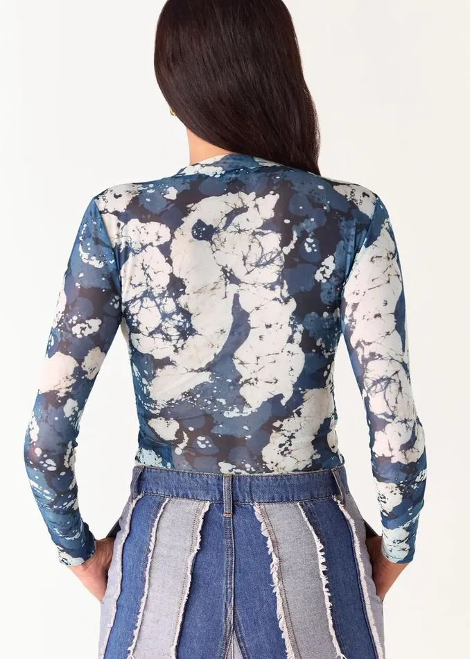 Whistles Tops Blue Batik Marble Gathered Mesh Top 8211 Women