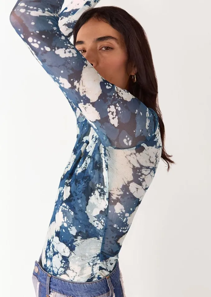 Whistles Tops Blue Batik Marble Gathered Mesh Top 8211 Women