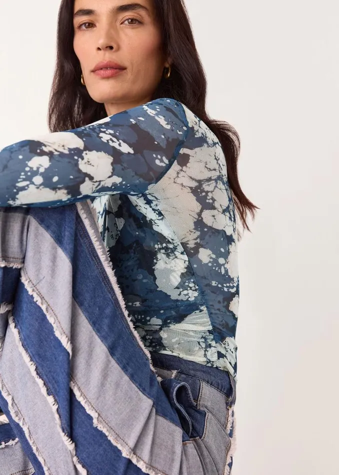 Whistles Tops Blue Batik Marble Gathered Mesh Top 8211 Women