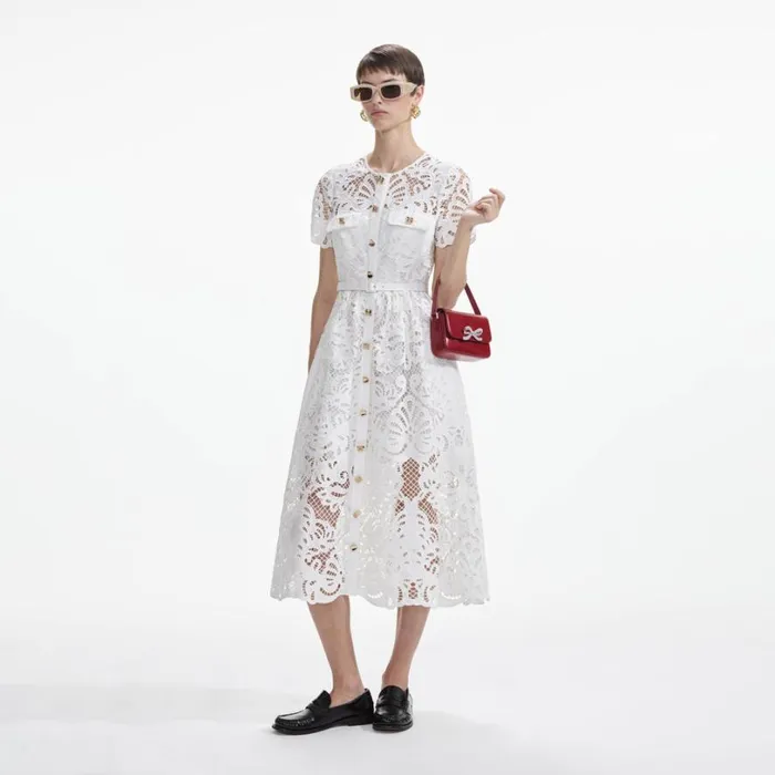 White Cotton Lace Button Midi Dress Women Self Portrait Dresses White Cotton Lace Button Midi Dress Women Self Portrait Dresses