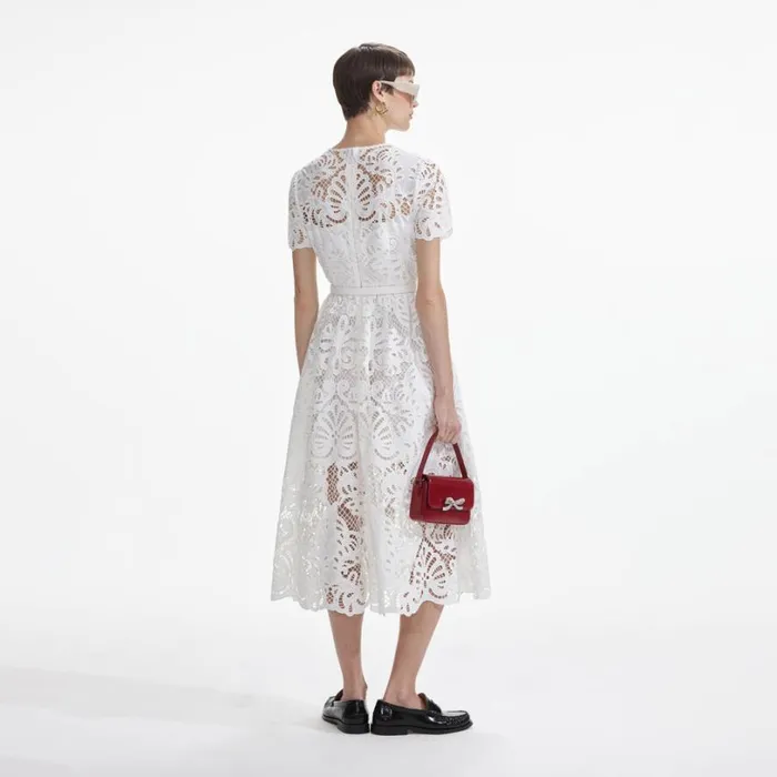 White Cotton Lace Button Midi Dress Women Self Portrait Dresses White Cotton Lace Button Midi Dress Women Self Portrait Dresses