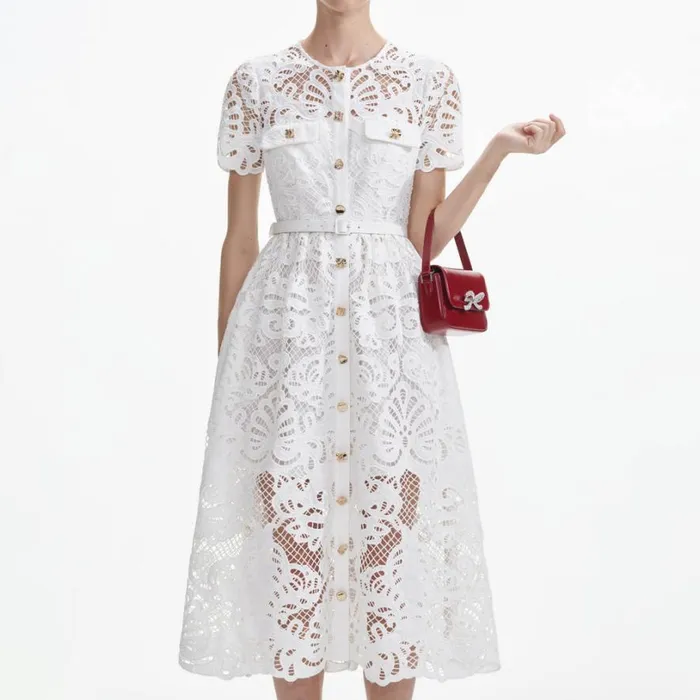 White Cotton Lace Button Midi Dress Women Self Portrait Dresses White Cotton Lace Button Midi Dress Women Self Portrait Dresses