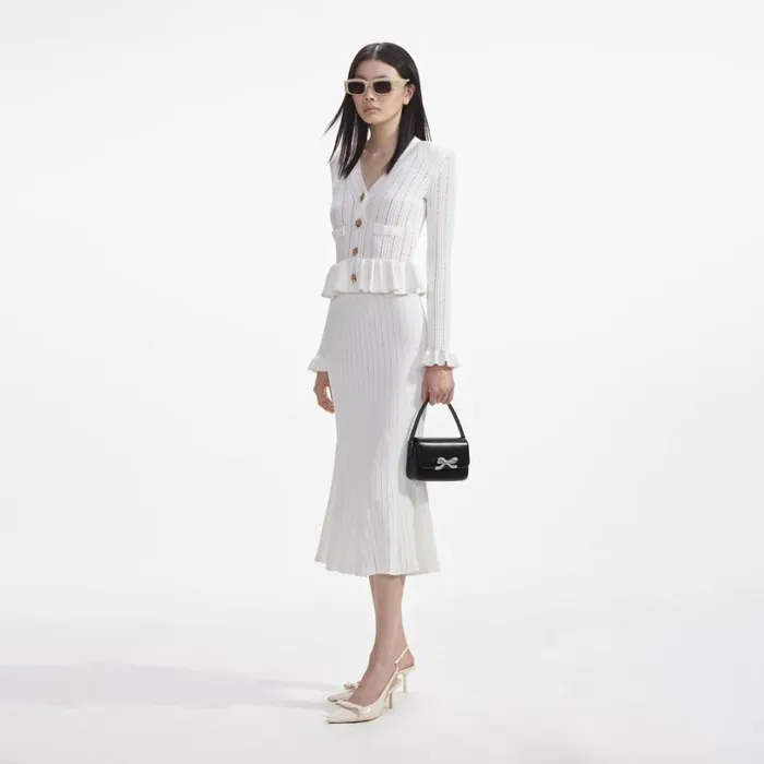 White Knit Peplum Midi Dress Women Self Portrait Dresses White Knit Peplum Midi Dress Women Self Portrait Dresses