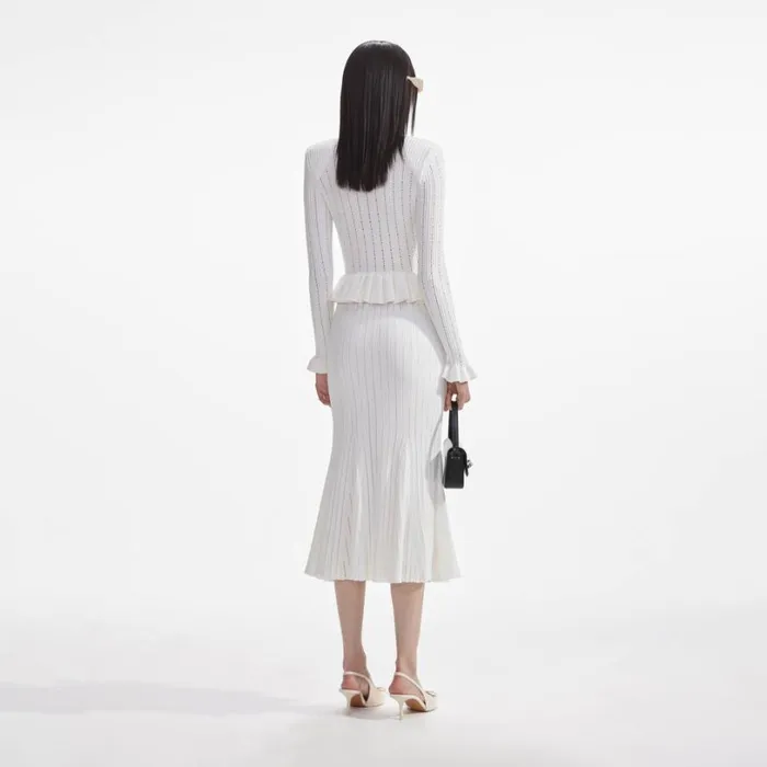 White Knit Peplum Midi Dress Women Self Portrait Dresses White Knit Peplum Midi Dress Women Self Portrait Dresses