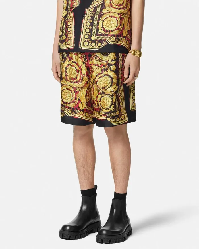 Wild Barocco Illusion Silk Shorts Printred Men Versace Pants and Shorts